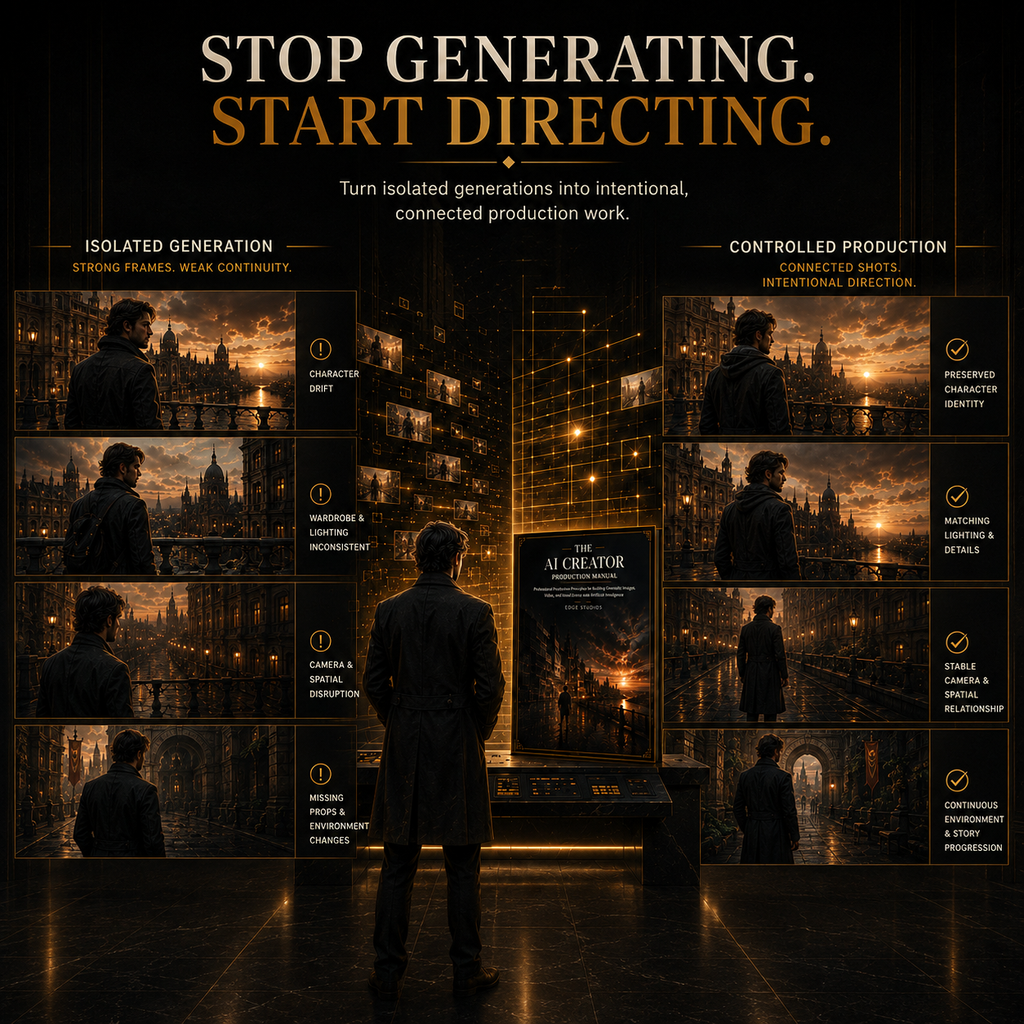 Comparison between isolated AI generation and a connected, controlled visual production.